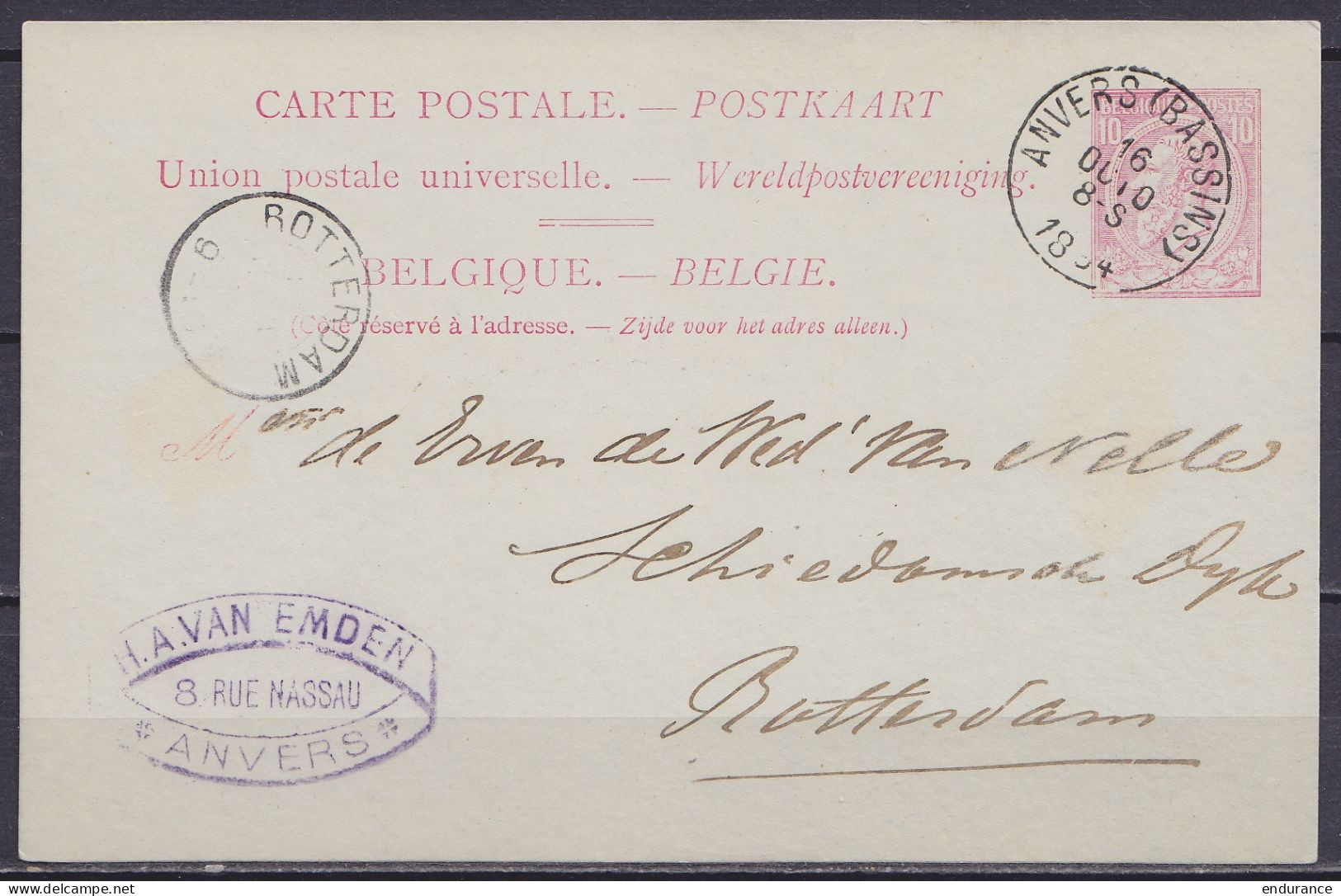 Carte Postale 10c Rose (N°46) Càd ANVERS (BASSINS) /16 OCT 1894 Pour ROTTERDAM Pays-Bas - Càd Arrivée ROTTERDAM - Briefkaarten 1871-1909