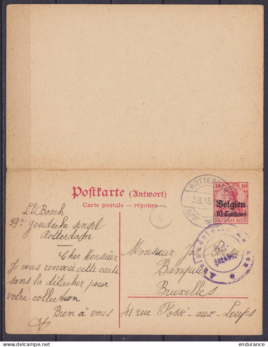 CP Avec Réponse (Postkarte Mit Antwotkarte) 10c Rouge Càd HUY /22 V 1915/ HOEI Pour BRUXELLES Attenante à Carte-réponse  - Occupation Allemande