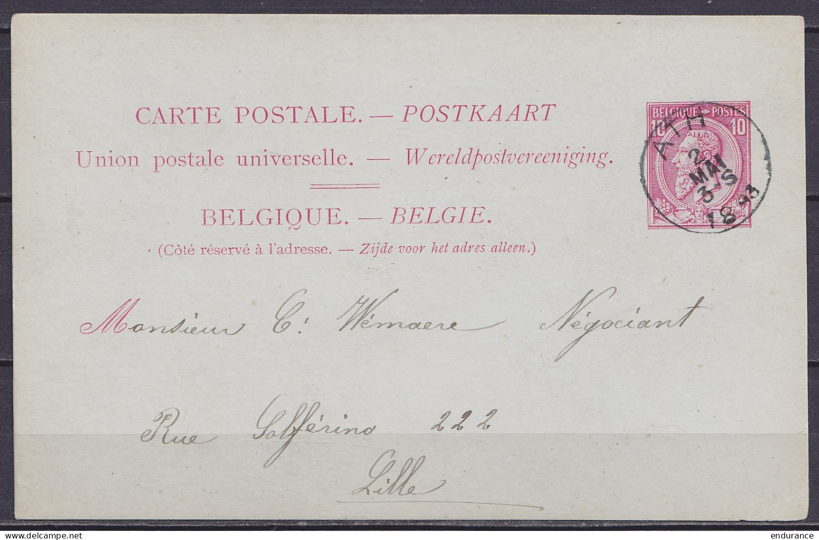 Carte Postale 10c Rose (N°46) Càd ATH /2 MAI 1893 Pour LILLE - Briefkaarten 1871-1909