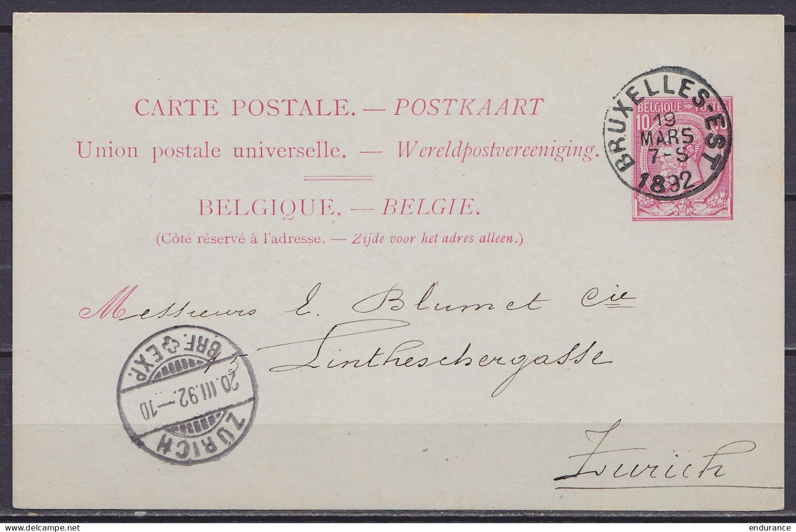 Carte Postale 10c Rose (N°46) Càd BRUXELLES-EST /19 MARS 1892 Pour ZÜRICH - Briefkaarten 1871-1909