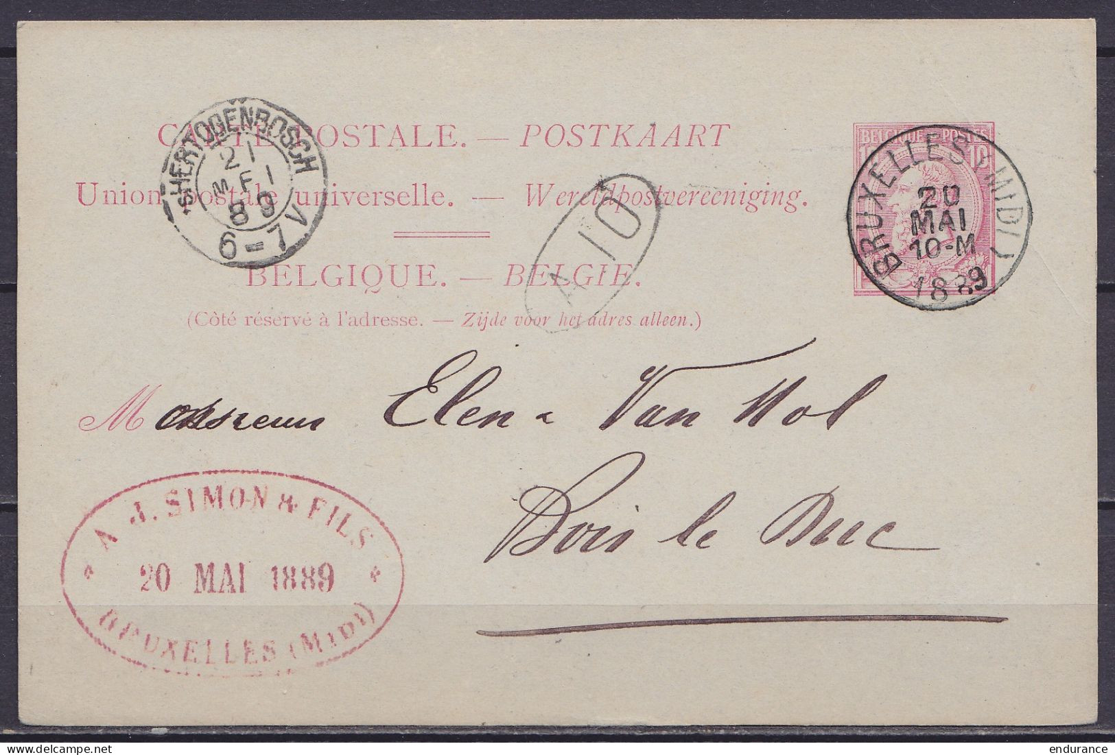 Carte Postale 10c Rose (N°46) Càd BRUXELLES (MIDI) /20 MAI 1889 Pour BOIS-LE-DUC - Càd Arrivée 's HERTOGENBOSCH /21 MEI  - Briefkaarten 1871-1909
