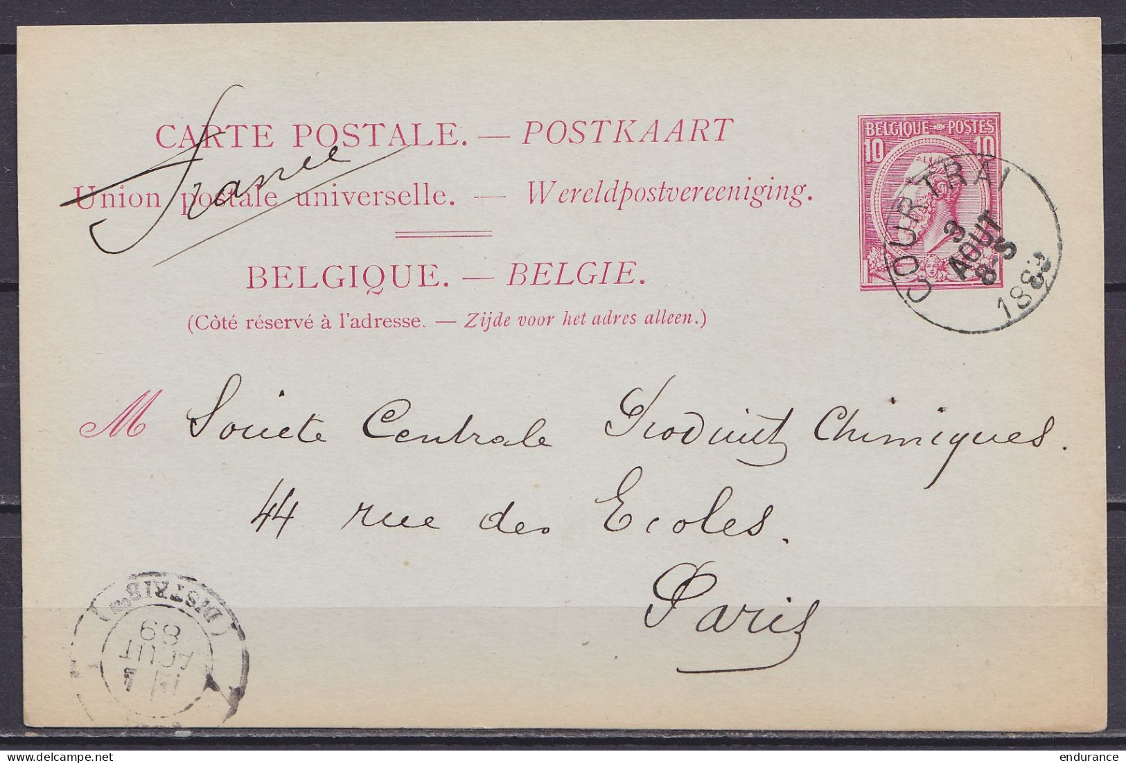 Carte Postale 10c Rose (N°46) Càd COURTRAI /3 AOUT 1889 Pour Société Centrale De Produits Chimiques à PARIS - Càd Arrivé - Briefkaarten 1871-1909