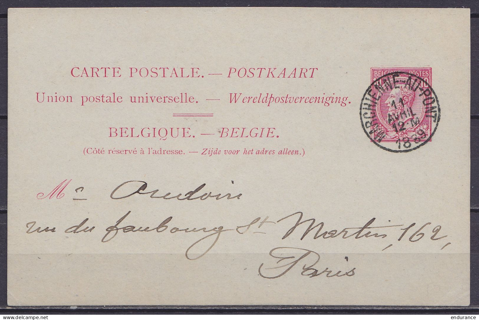 Carte Postale 10c Rose (N°46) Càd MARCHIENNE-AU-PONT /11 AVRIL 1889 Pour Faubourg St-Martin à PARIS - Briefkaarten 1871-1909