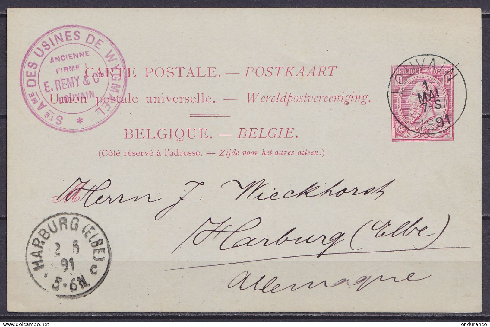 Carte Postale 10c Rose (N°46) Càd LOUVAIN /1 MAI 1891 Pour HARBURG (Elbe) Allemagne - Cachet "Ste Ame DES USINES DE WYGM - Briefkaarten 1871-1909