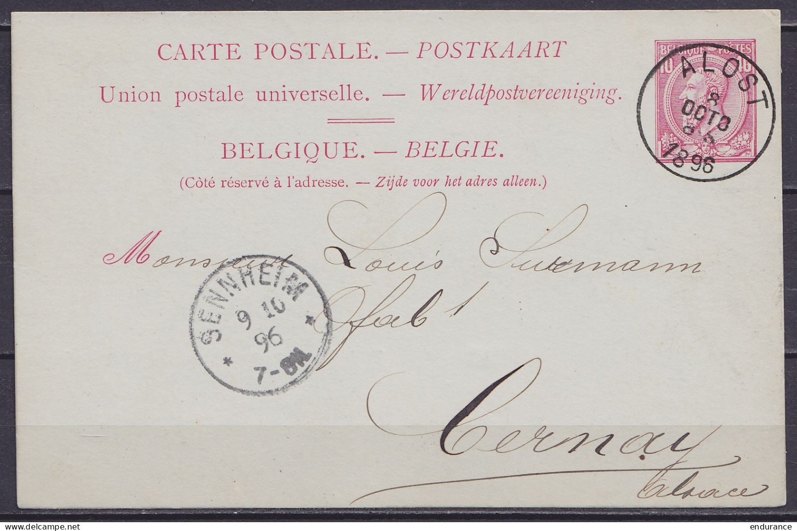 Carte Postale 10c Rose (N°46) Càd ALOST /8 OCT 1896 Pour CERNAY Alsace - Càd Arrivée SENHEIM - Briefkaarten 1871-1909