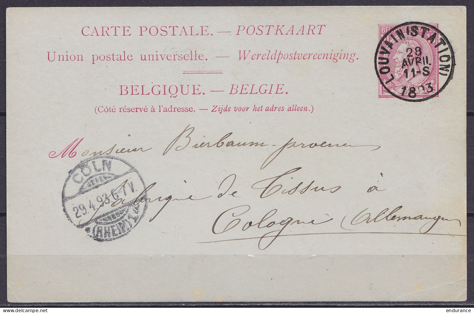 Carte Postale 10c Rose (N°46) Càd LOUVAIN (STATION) /28 AVRIL 1893 Pour COLOGNE - Càpt CÖLN /29.4.93 - Briefkaarten 1871-1909