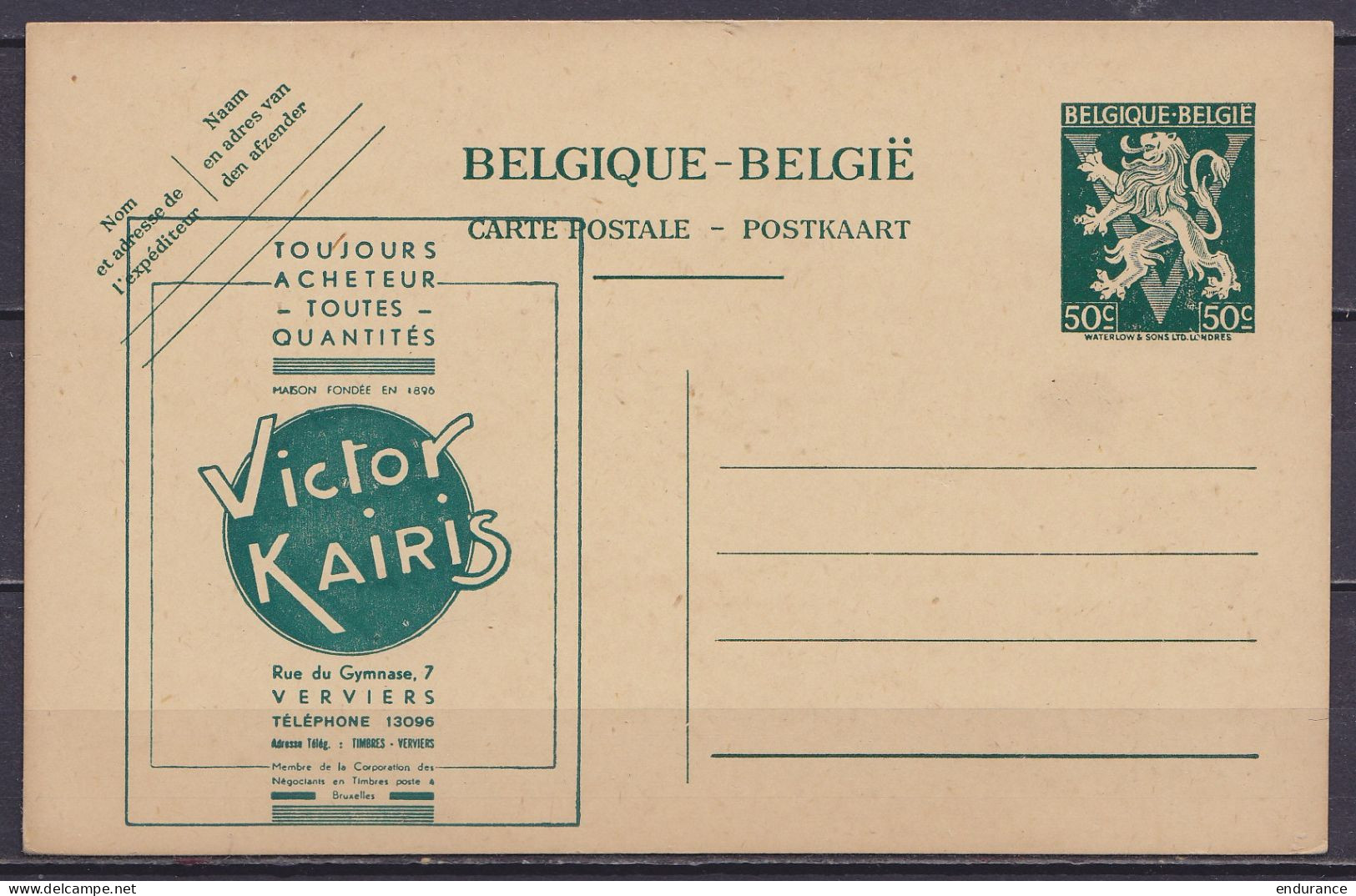 EP CP Neuf 50c Lion Héraldique (N°678) Neuf - Négociant En Philatélie Victor Kairis Verviers - Briefkaarten 1934-1951