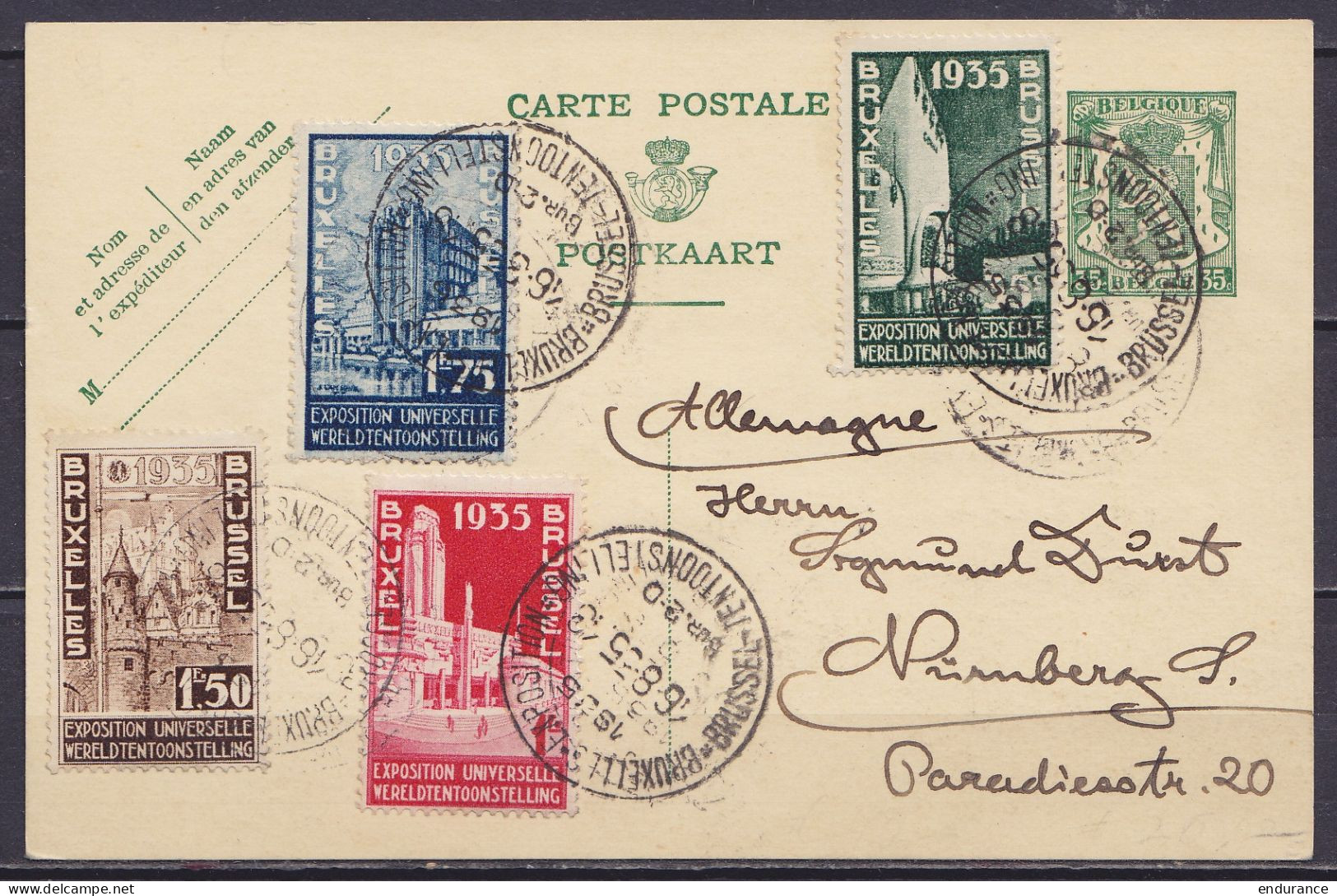 CP EP 35c Vert (N°425) + N°386/89 Càd "BRUXELLES-EXPOSITION /16-8-1935/ BUR.20/ BRUSSEL-TENTOONSTELLING" Pour NÜRNBERG - Briefe U. Dokumente