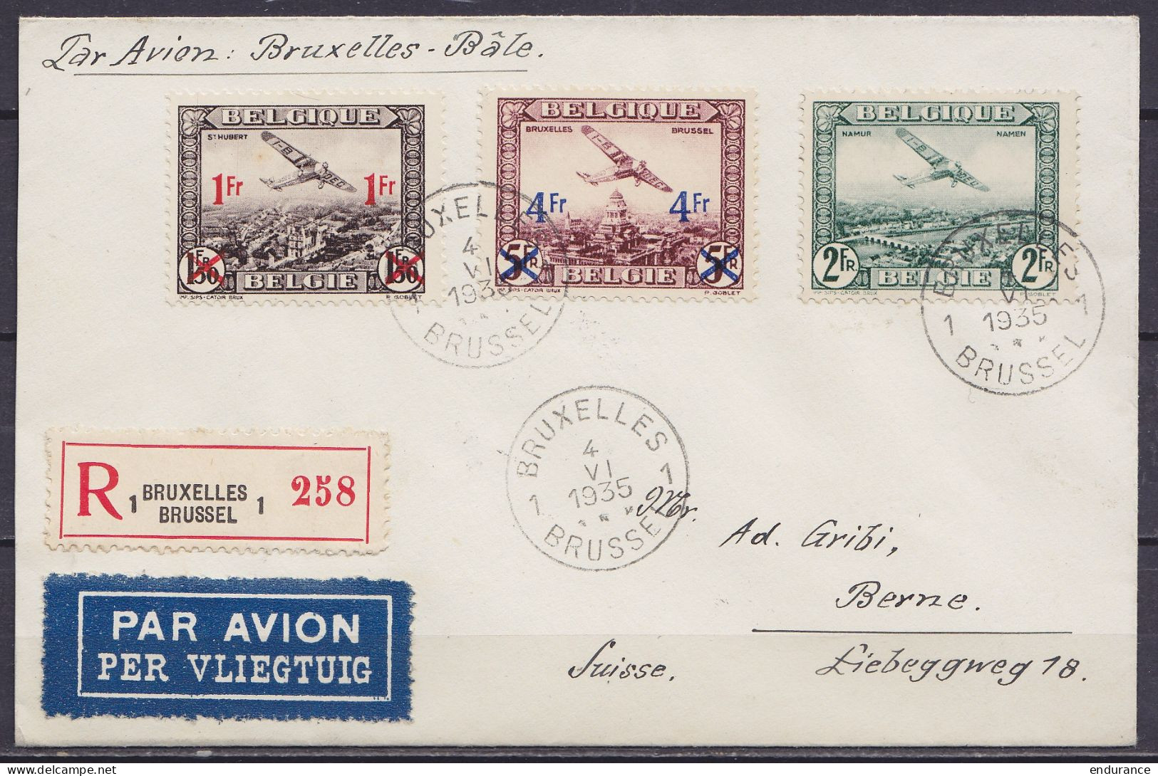 L. Recommandée Par Avion Affr. PA3+PA6/7 Càd BRUXELLES 1 /4 VI 1935 Pour BERNE Suisse (au Dos: Càd Arrivée BERN - Sonstige & Ohne Zuordnung