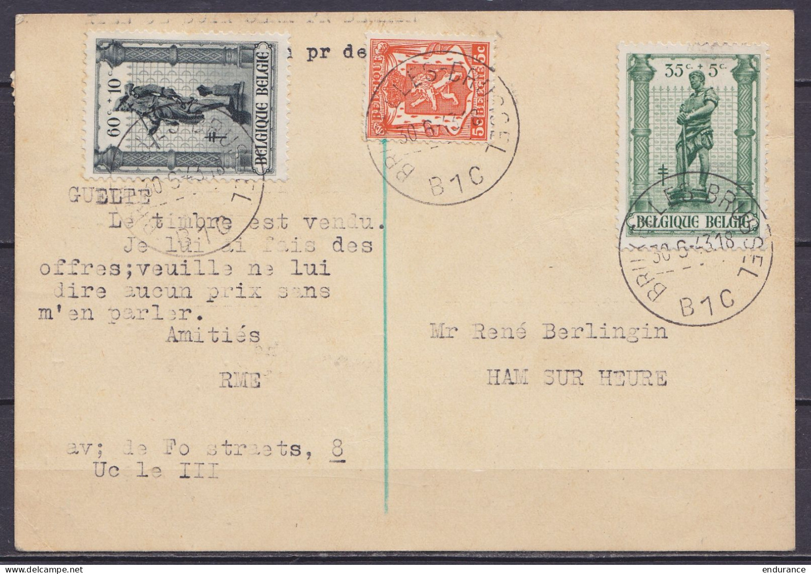 Carte En EXPRES Affr. N°605x2+608+423 Càd [HAM-SUR-HEURE /30 JUIN 1943] Pour BRUXELLES - Répondue, Réaffr. N°419+616+618 - Lettres & Documents