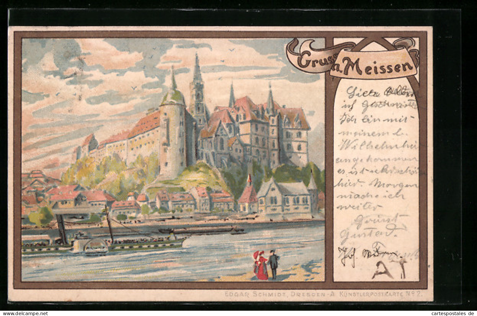 Lithographie Meissen, Ortspartie, Dampfer Auf Der Elbe  - Meissen