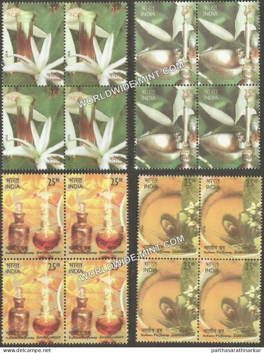 INDIA 2019 INDIAN PERFUME JASMINE & SANDALWOOD BLOCK OF 4 COMPLETE SET MNH RARE - Ongebruikt