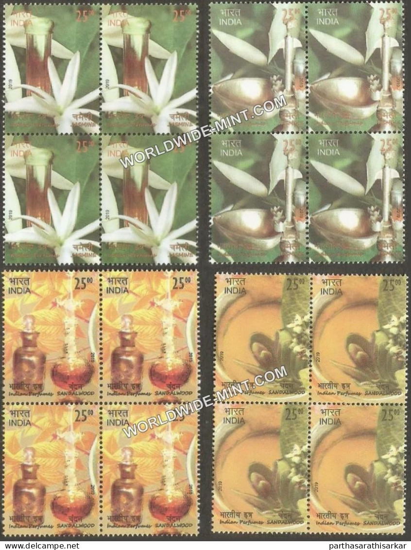INDIA 2019 INDIAN PERFUME JASMINE & SANDALWOOD BLOCK OF 4 COMPLETE SET MNH RARE - Unused Stamps