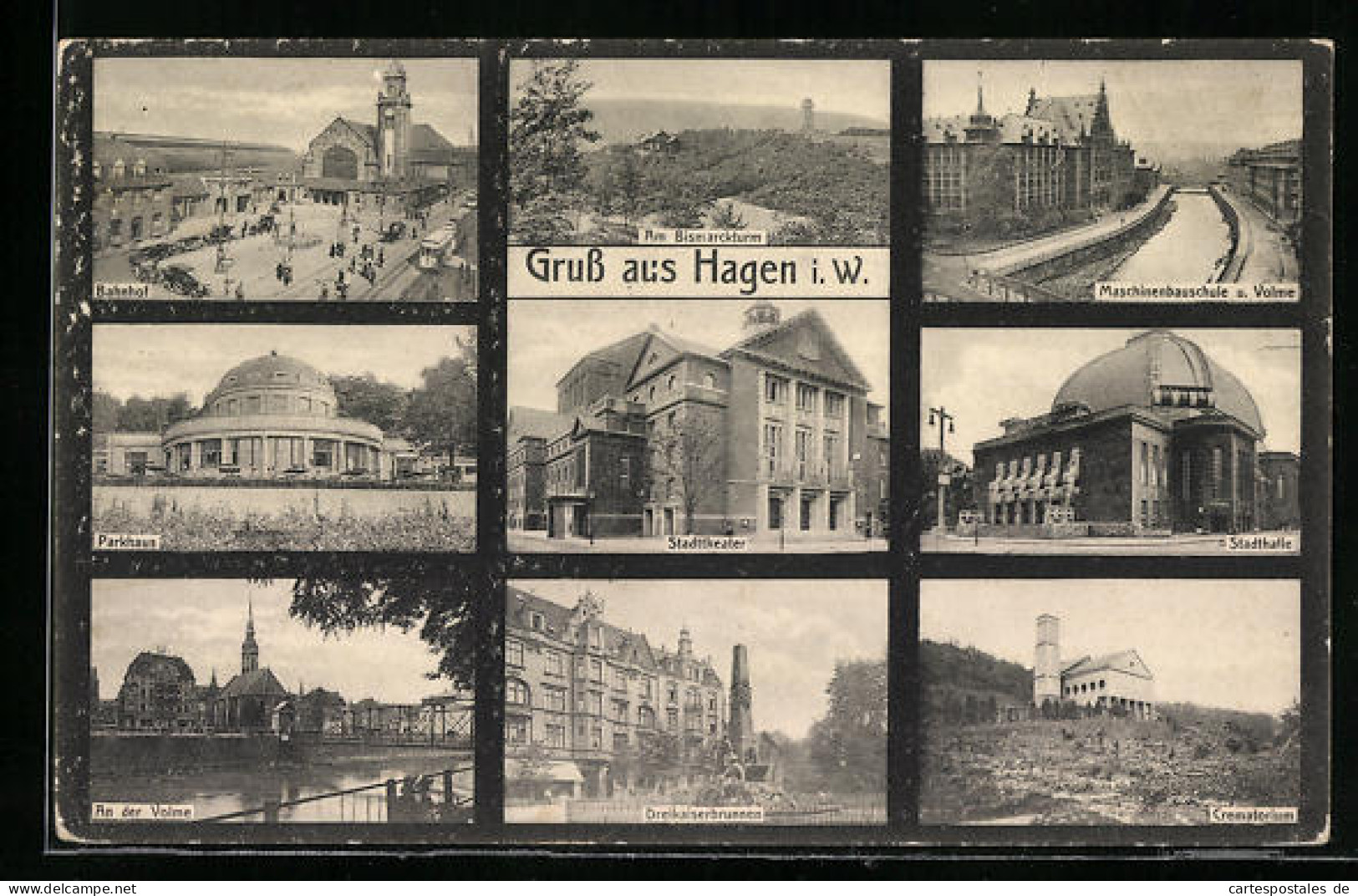 AK Hagen I. W., Dreikaiserbrunnen, Krematorium, Stadthalle, Maschinenbauschule Und Volme  - Hagen