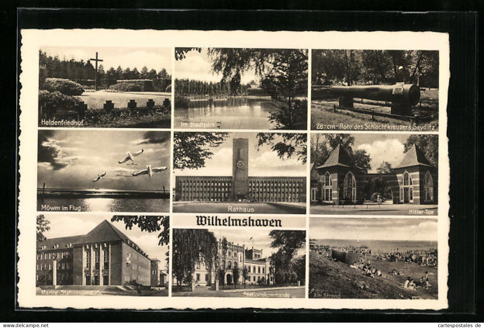 AK Wilhelmshaven, Heldenfriedhof, Stadtpark, Tor, Stationskommando, Marine-Stationsgebäude, Rathaus  - Wilhelmshaven