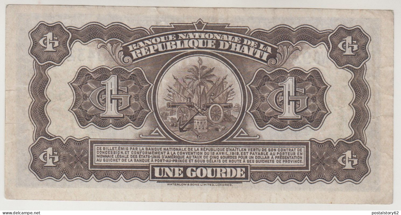 Haiti, Banque Nationale De La Republique D'Haiti - Une Gourde - 12/04/1919 Waterlow & Sons Pick# 174(1) BB/SPL - Haïti