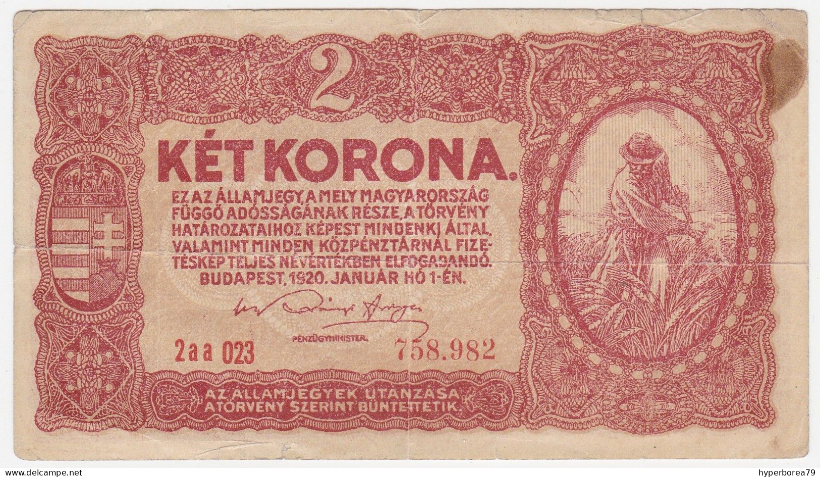 Hungary P 58 - 2 Korona 1.1.1920 - Fine+ - Hongarije