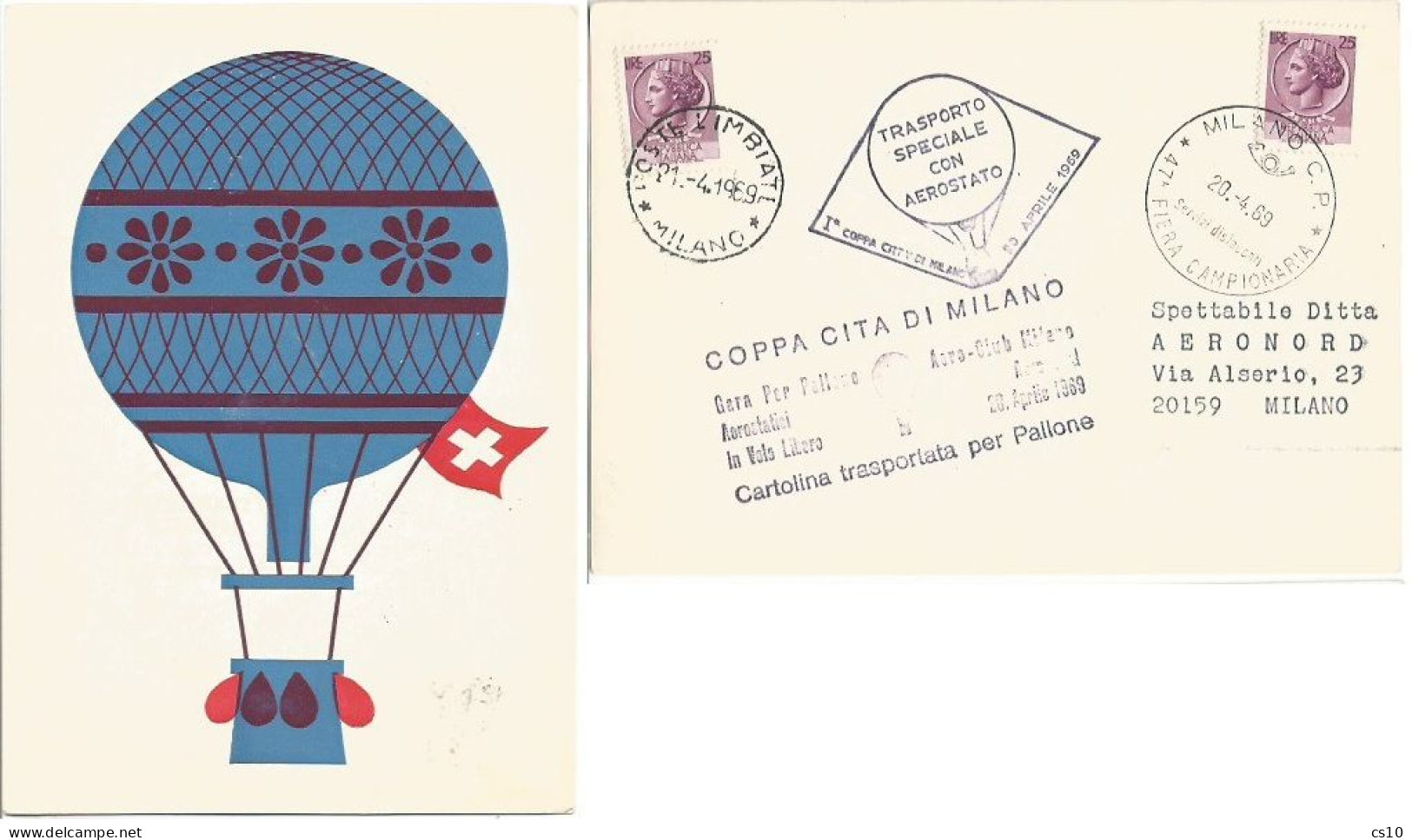 Hot Air Ballooning Coppa Milano Aerostato 20/21apr1969 Official Pcard With 2 Special Cachets - Fesselballons