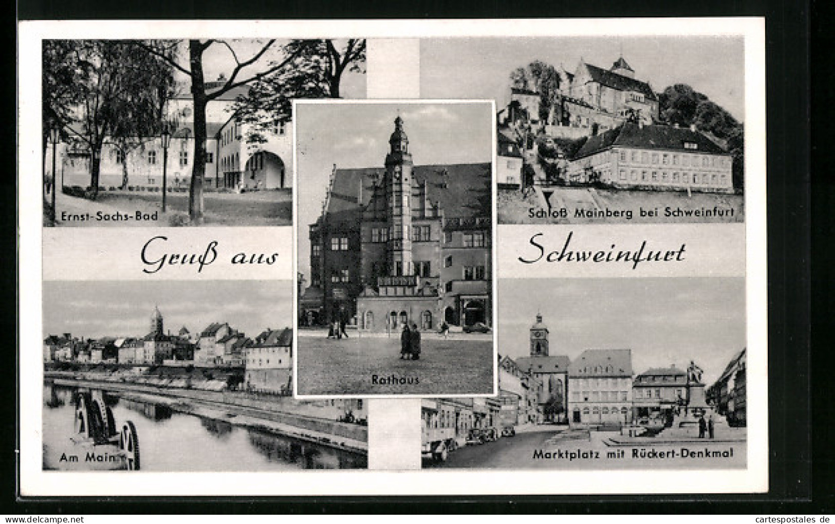 AK Schweinfurt, Ernst-Sachs-Bad, Schloss Mainberg, Partie Am Main, Rathaus, Marktplatz Mit Rückertdenkmal  - Schweinfurt