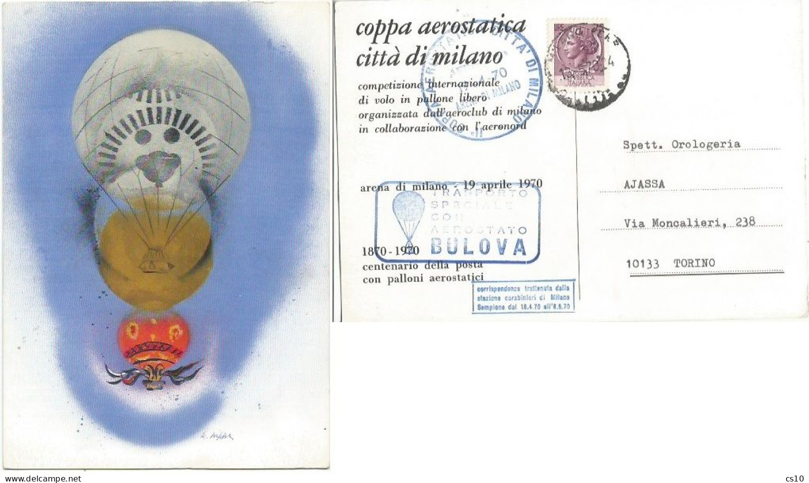 Hot Air Ballooning Coppa Milano Aerostato Bulova Aeronord 13mag1970  Official Pcard With 3 Special Cachets - Balloons