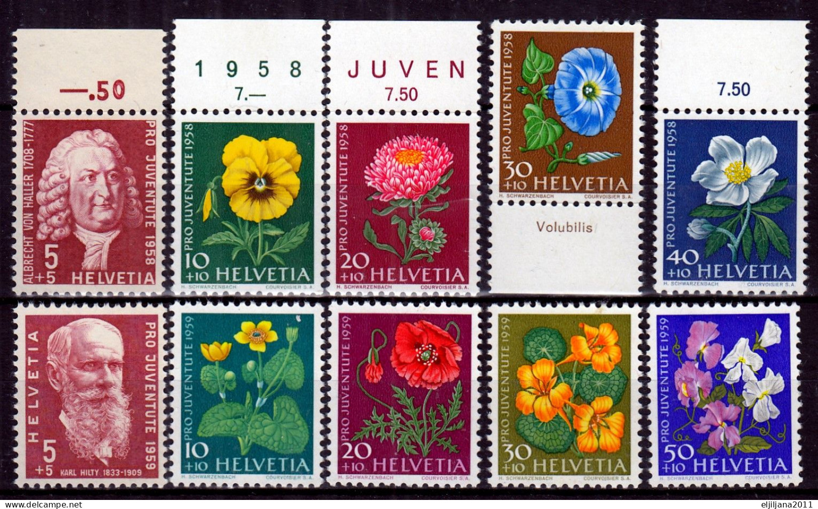 Switzerland / Helvetia / Schweiz / Suisse 1958 & 1959 ⁕ Pro Juventute Mi.663-667 & Mi.687-690 ⁕ 10v MNH - Unused Stamps