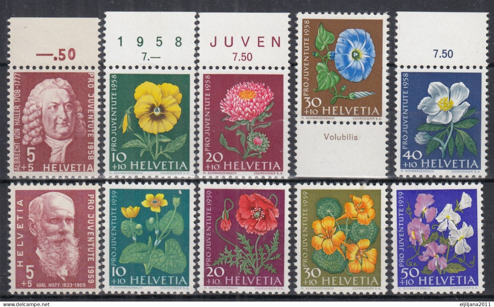 Switzerland / Helvetia / Schweiz / Suisse 1958 & 1959 ⁕ Pro Juventute Mi.663-667 & Mi.687-690 ⁕ 10v MNH - Ongebruikt