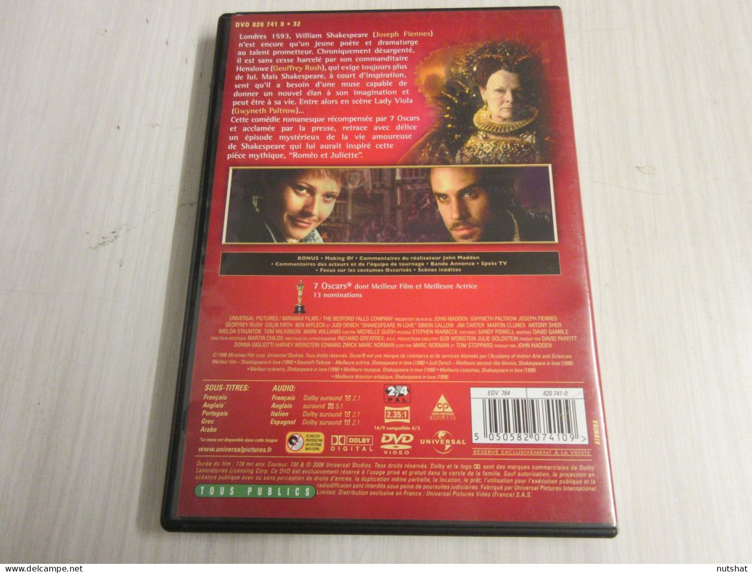 DVD CINEMA SHAKESPEARE In LOVE FIENNES PALTROW 1998 119mn + Bonus - Dramma