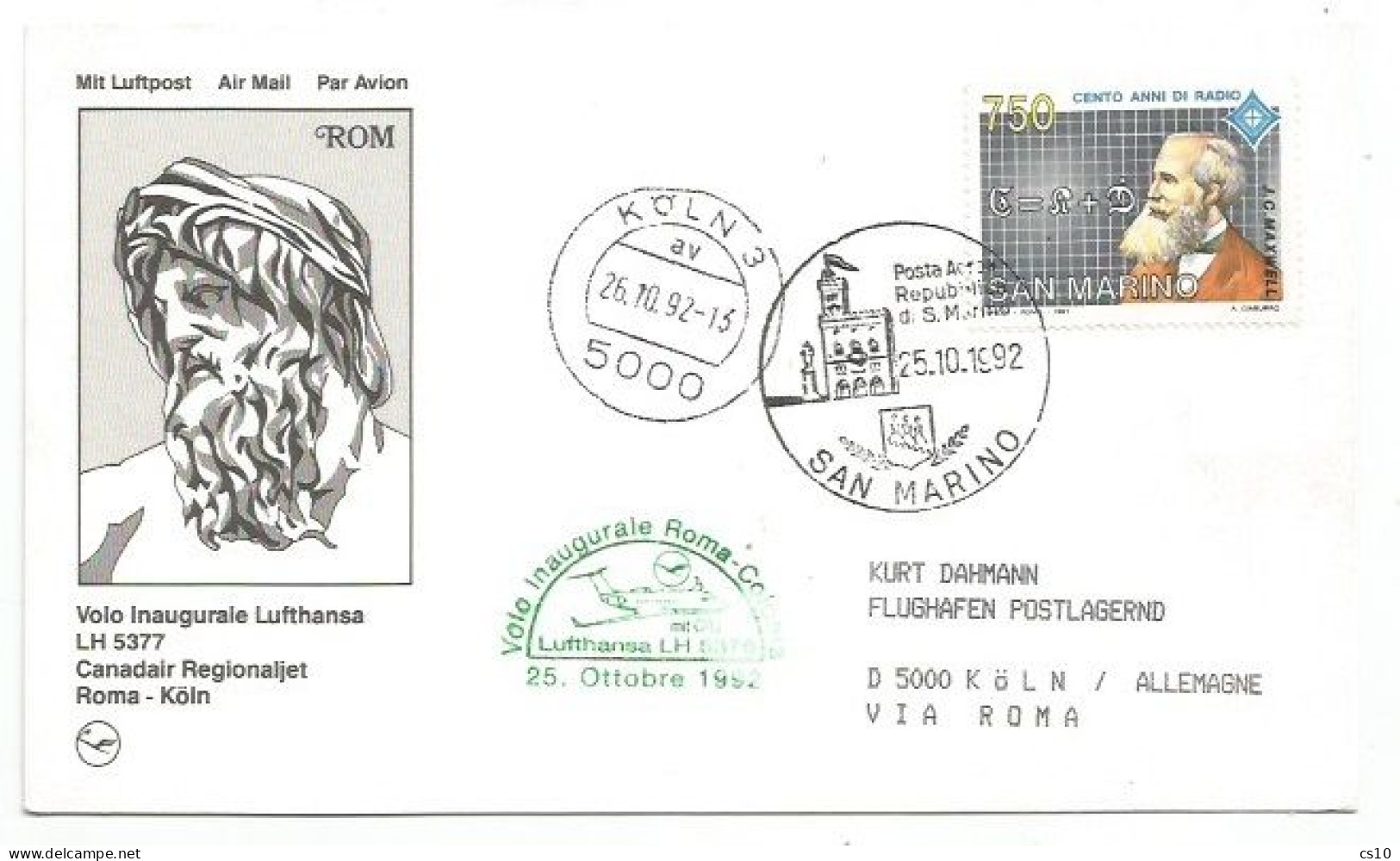 Lufthansa Canadair FFC Roma-Kolnvia San Marino 25/26oct1992 Official Card With Special Cachet - Posta Aerea