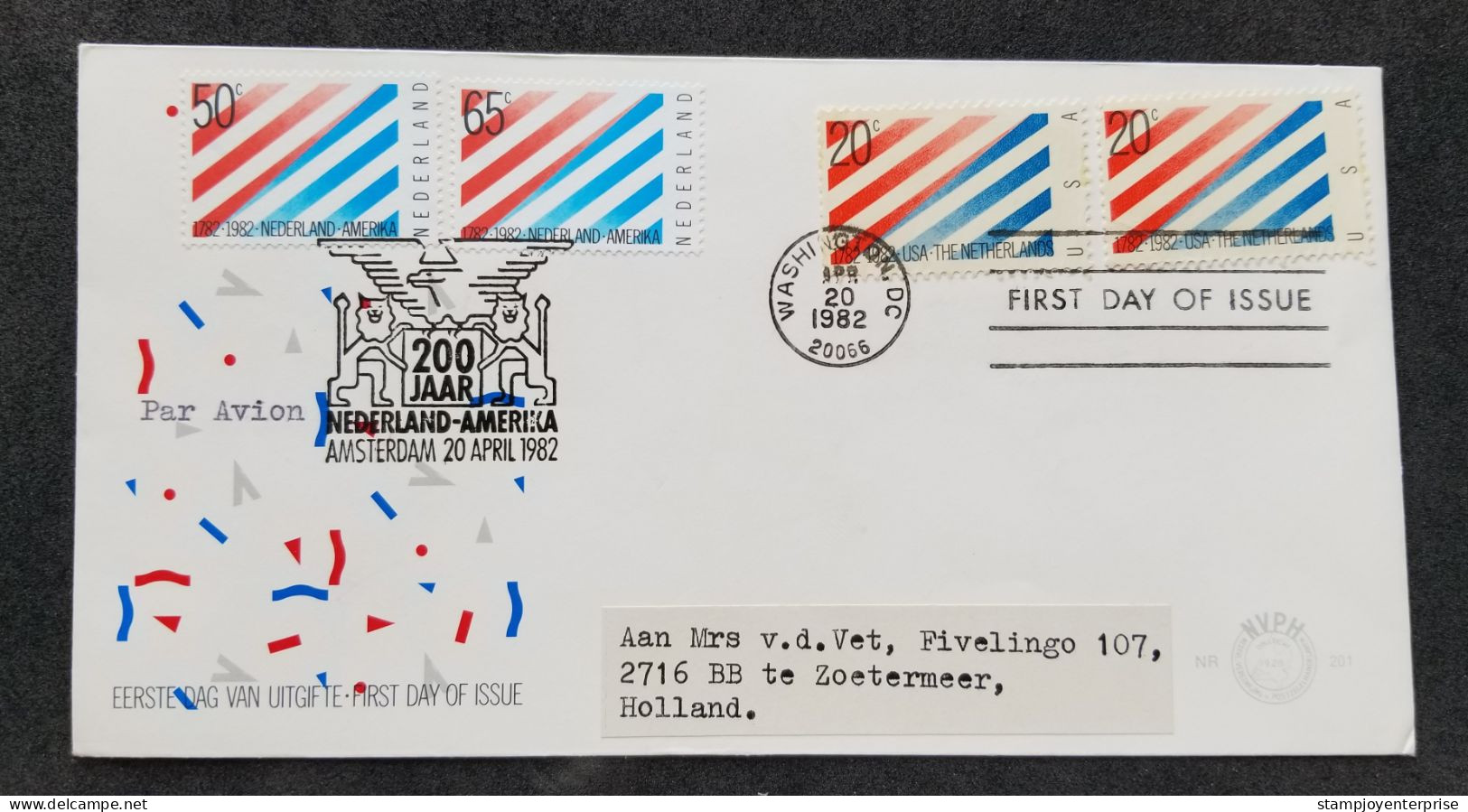 USA US Netherlands Joint Issue 200 Years Diplomatic Relations 1982 (stamp FDC) *dual Postmark *addressed - Lettres & Documents