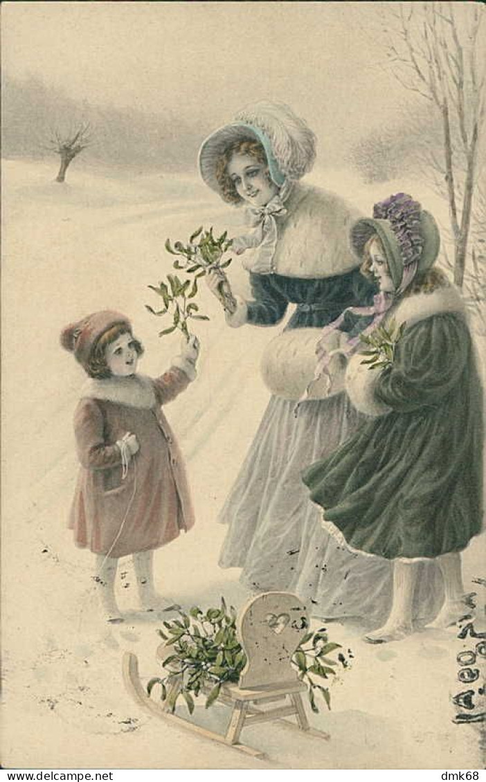 M.M. VIENNE / M. MUNK 1900s ART NOUVEAU POSTCARD  WOMAN & GIRLS & MISTLETOE - N.465 (5527) - Vienne