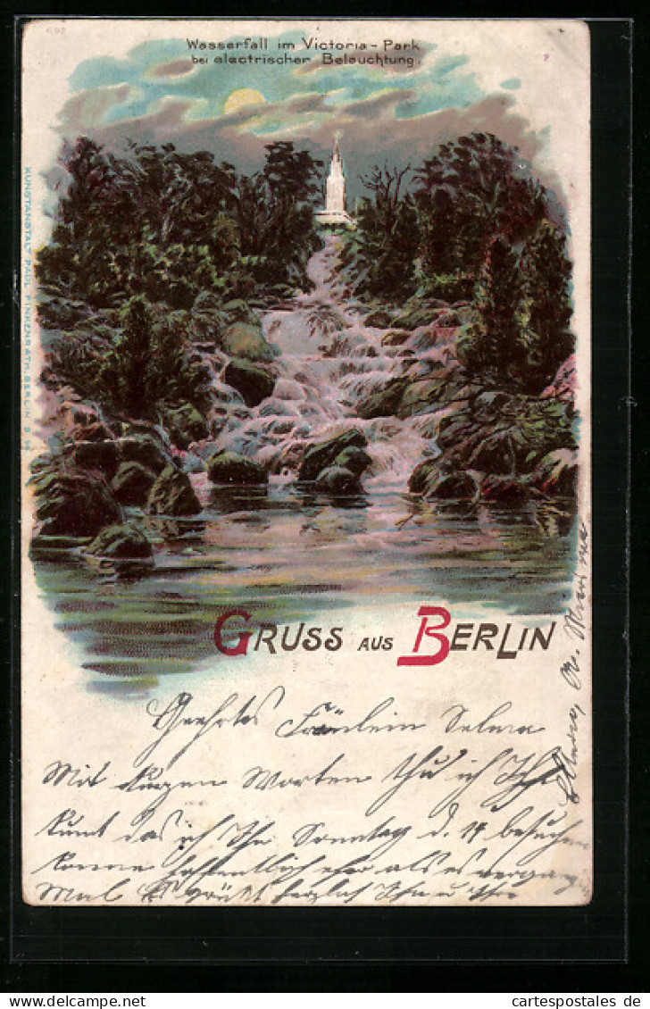 Lithographie Berlin-Kreuzberg, Wasserfall Im Victoria-Park Bei Elektrischer Beleuchtung  - Kreuzberg