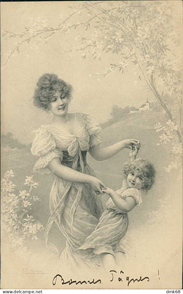 M.M. VIENNE  1900s ART NOUVEAU POSTCARD  WOMAN & DAUGHTER & FLOWERS - N.300 (5529) - Vienne