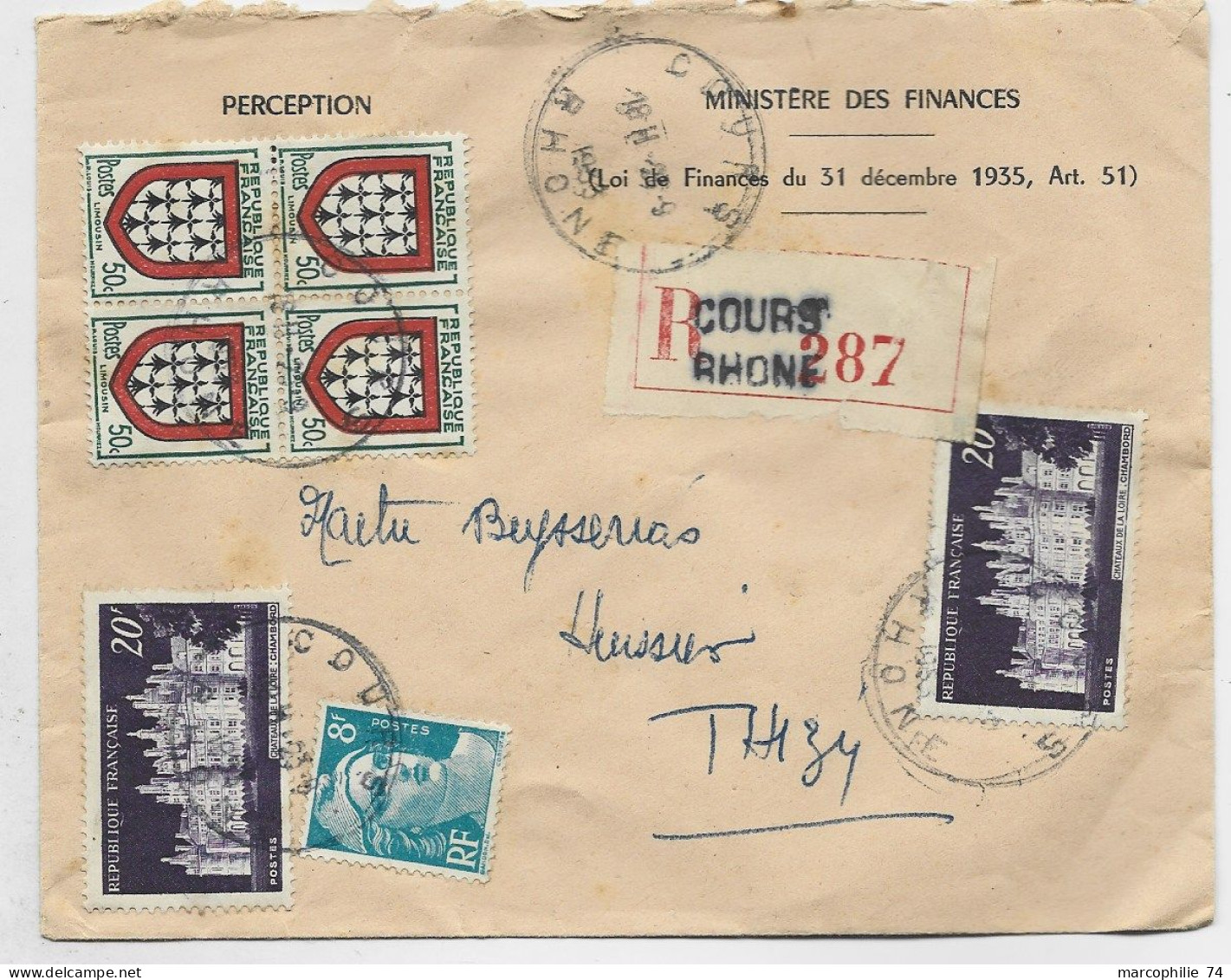 BLASON 50C BLOC DE 4 +20FRX2+8FR GANDON LETTRE REC HOROPLAN COURS 1953 AU TARIF - 1941-66 Armoiries Et Blasons