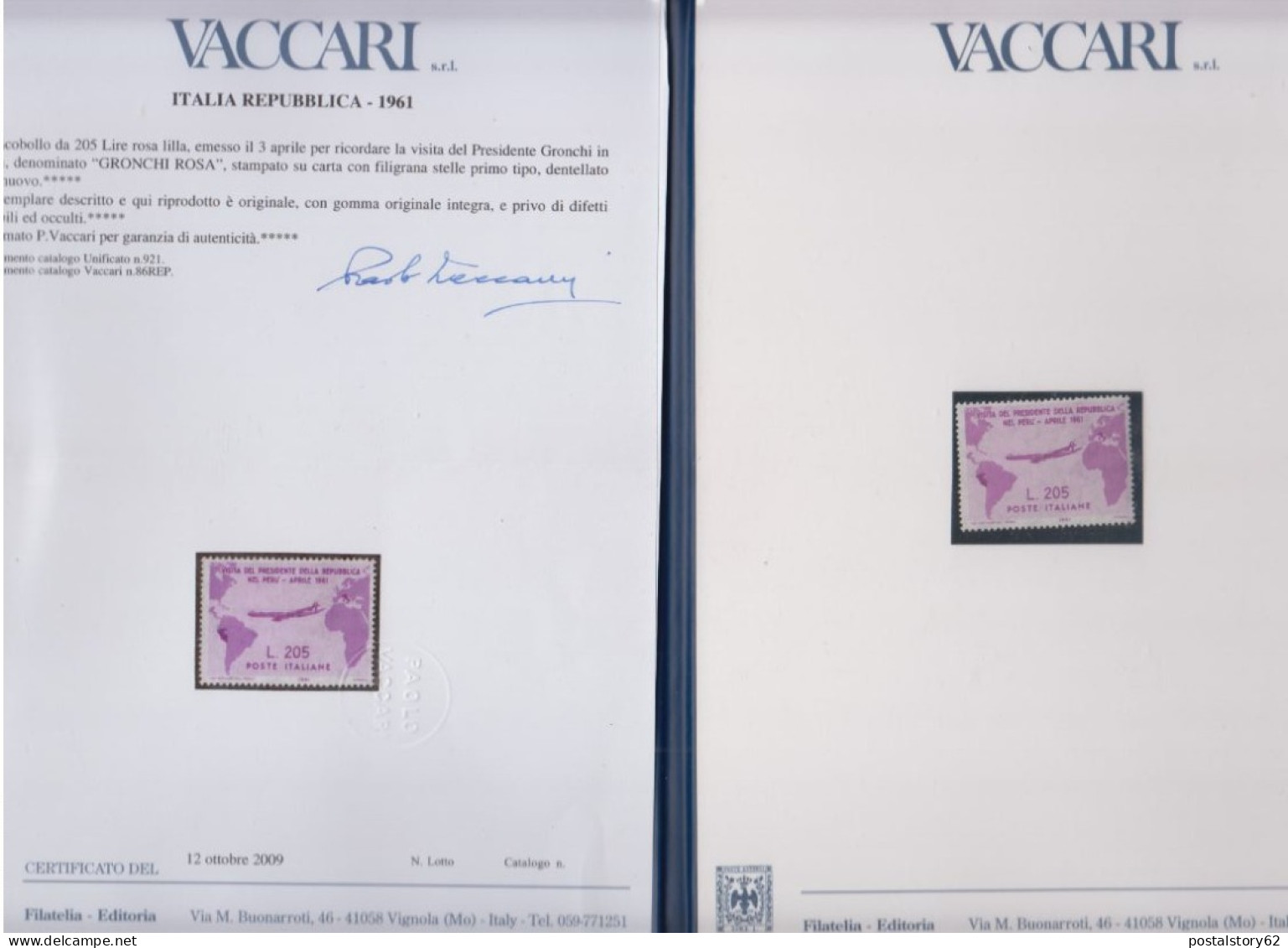 Gronchi Rosa, Repubblica Italiana Francobollo Da 205 Lire Emesso Il 03 Aprile 1961 - Folder E Certificato Paolo Vaccari - 1961-70: Nieuw/plakker