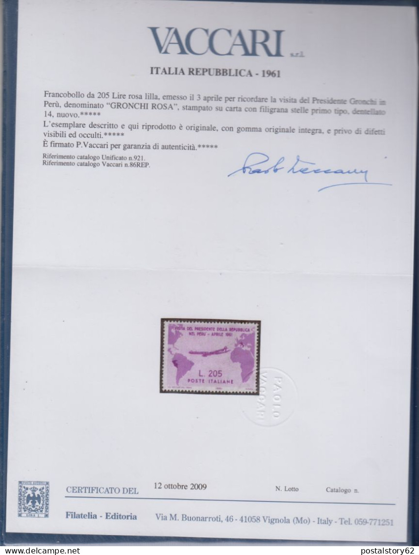 Gronchi Rosa, Repubblica Italiana Francobollo Da 205 Lire Emesso Il 03 Aprile 1961 - Folder E Certificato Paolo Vaccari - 1961-70: Ungebraucht