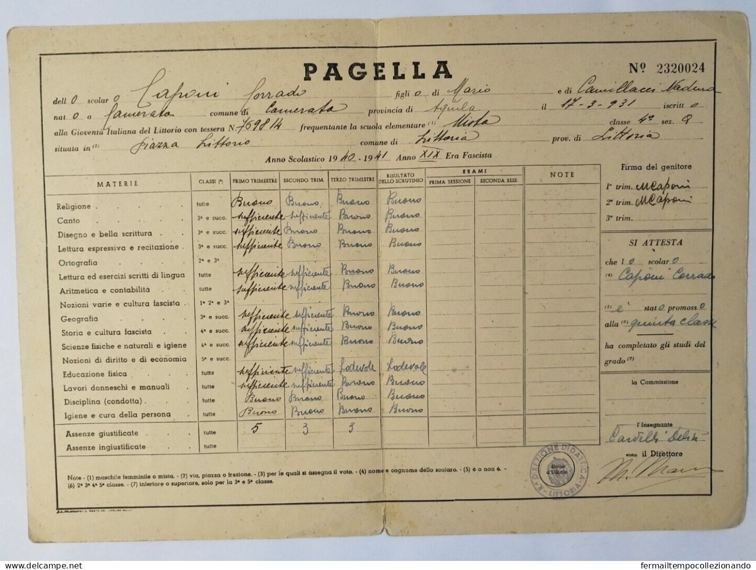 Bp30 Pagella Fascista Opera Balilla Ministero Educazione Nazionale Littoria 1941 - Diplome Und Schulzeugnisse