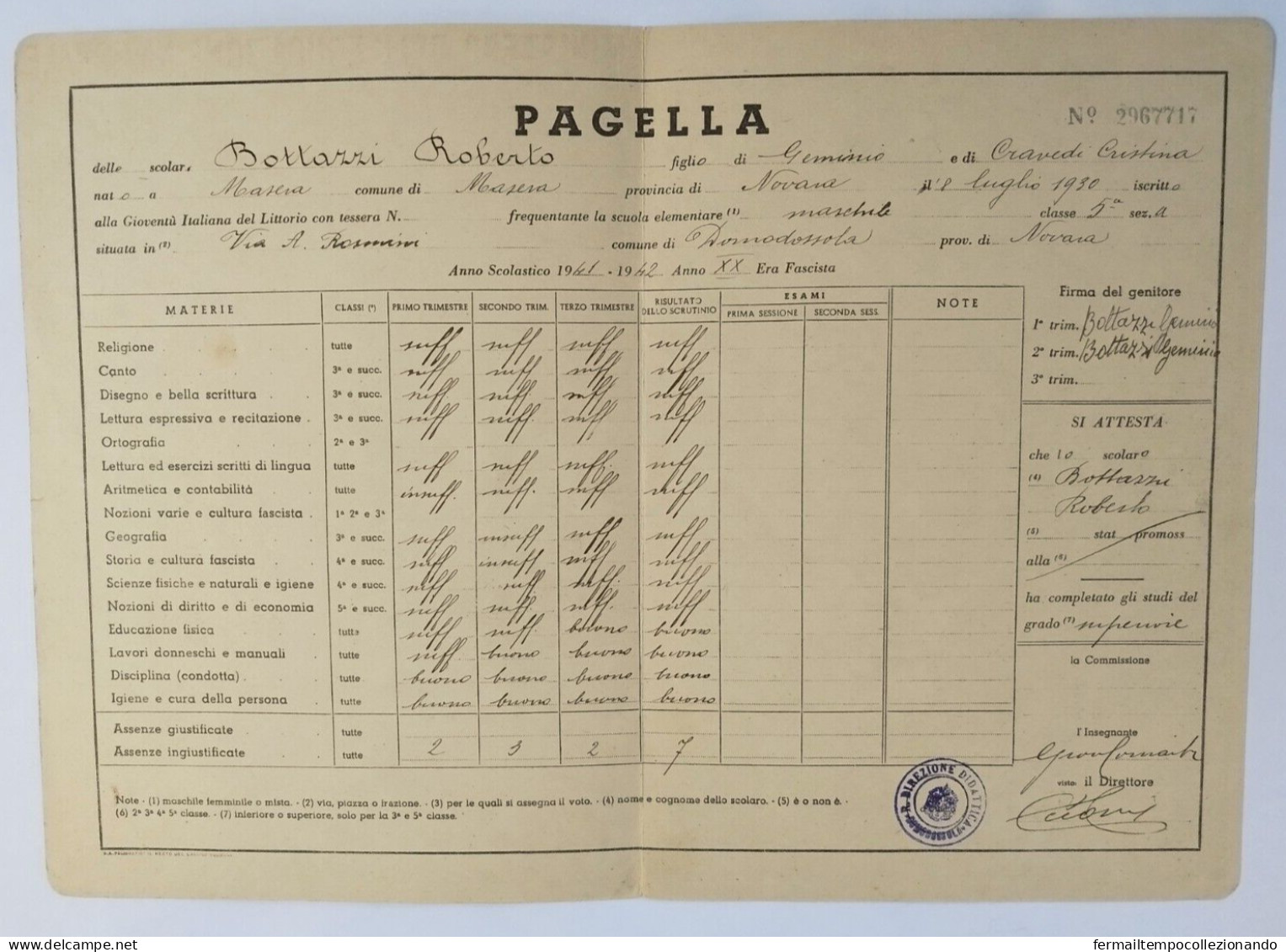 Bp34 Pagella Fascista Opera Balilla Ministero Educazione Nazionale Domosossola - Diploma & School Reports