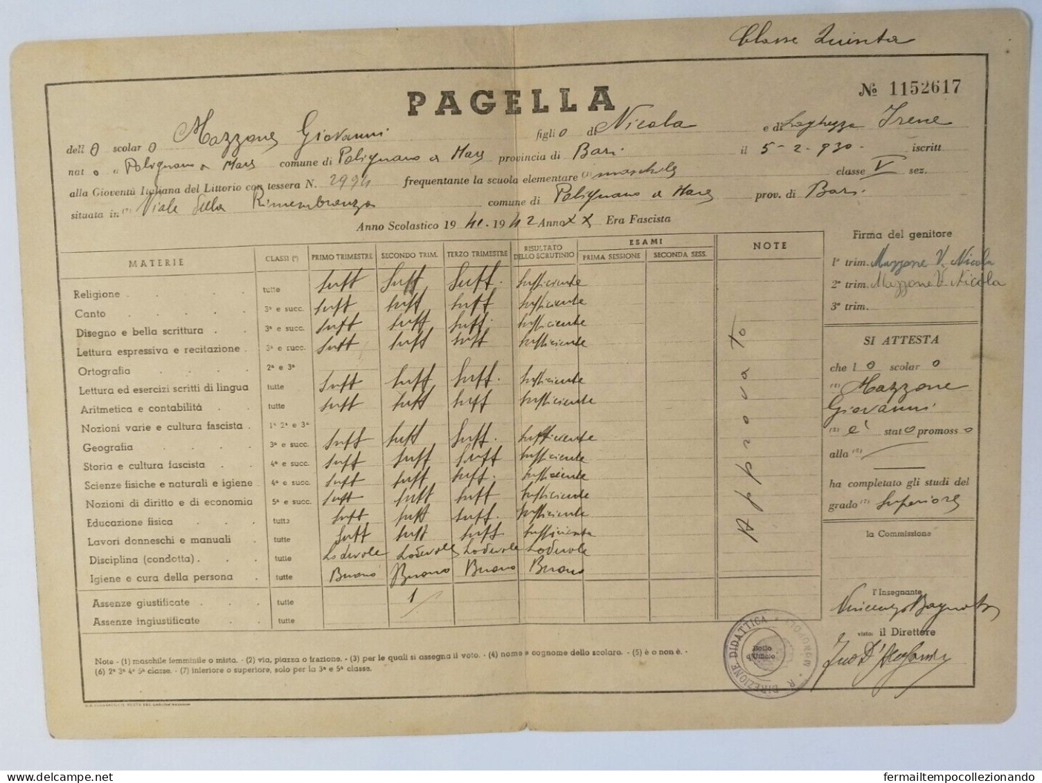 Bp35 Pagella Fascista Opera Balilla Ministero E. Nazionale Polignano A Mare 1942 - Diploma & School Reports