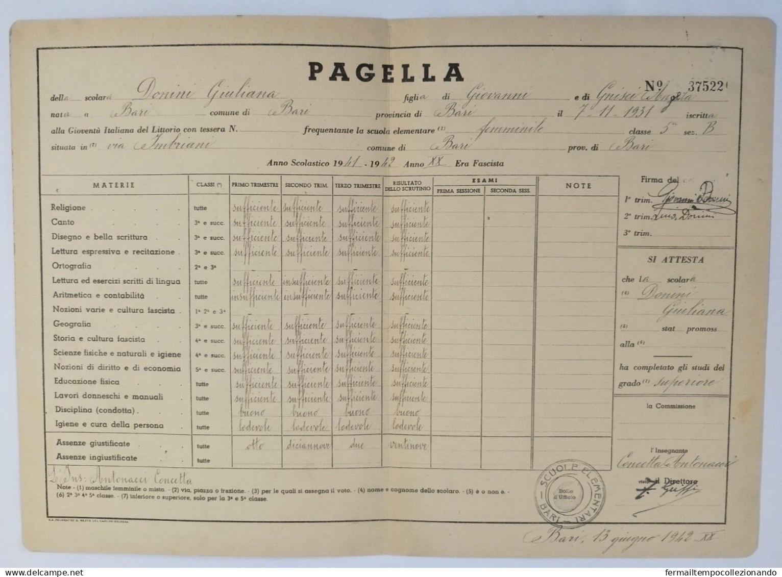 Bp33 Pagella Fascista Opera Balilla Ministero Educazione Nazionale Bari 1942 - Diplomi E Pagelle