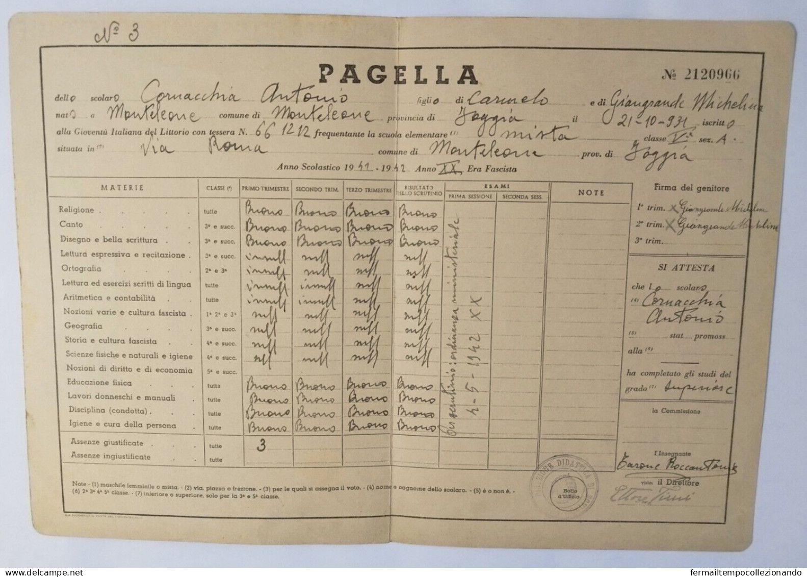 Bp36 Pagella Fascista Opera Balilla Ministero E.nazionale Monteleone Foggia 1942 - Diplomi E Pagelle