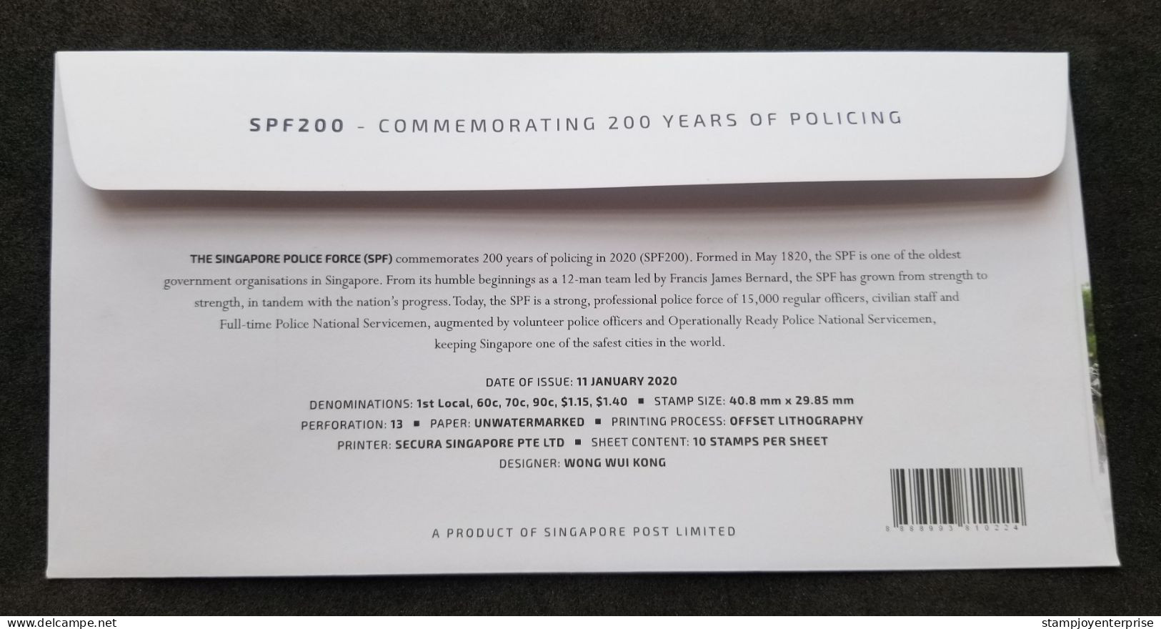 Singapore 200 Years Police Force SPF 2020 Transport Bicycle Army (stamp FDC) - Singapour (1959-...)