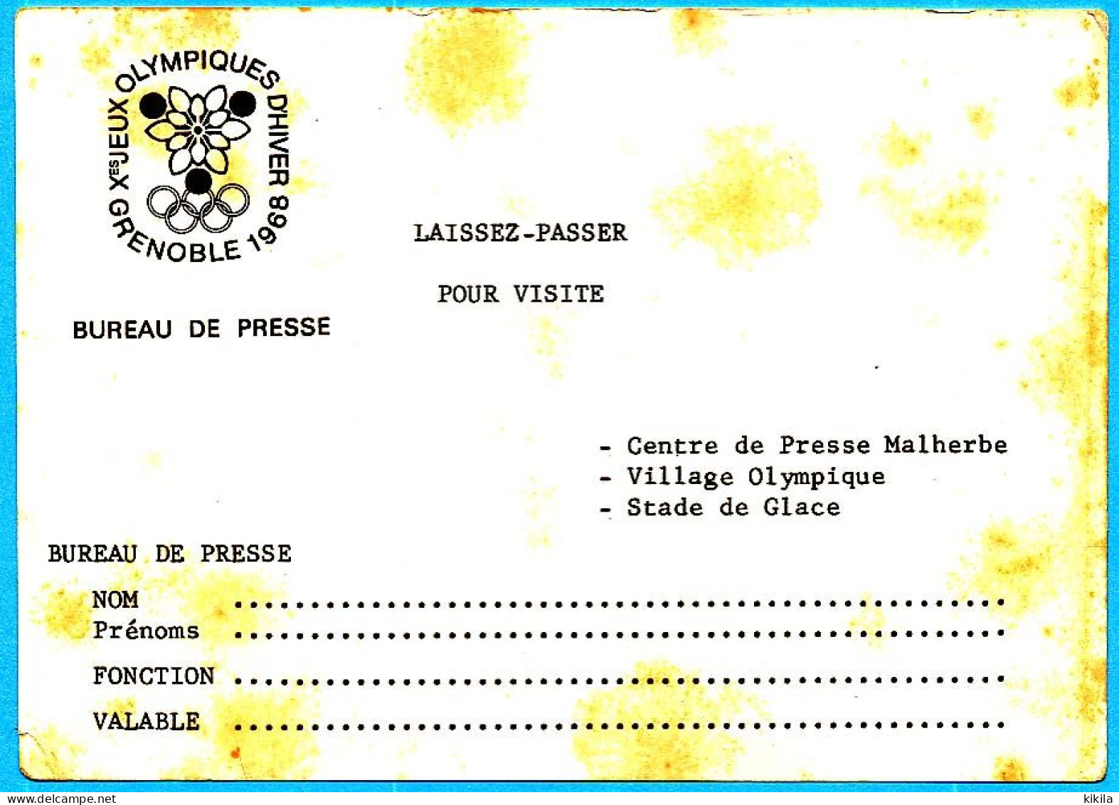 Laissez-passer Du Bureau De Presse Des Jeux Olympiques D'Hiver GRENOBLE 1968 Pour Visite Du Centre De Presse Malherbe,* - Autres & Non Classés