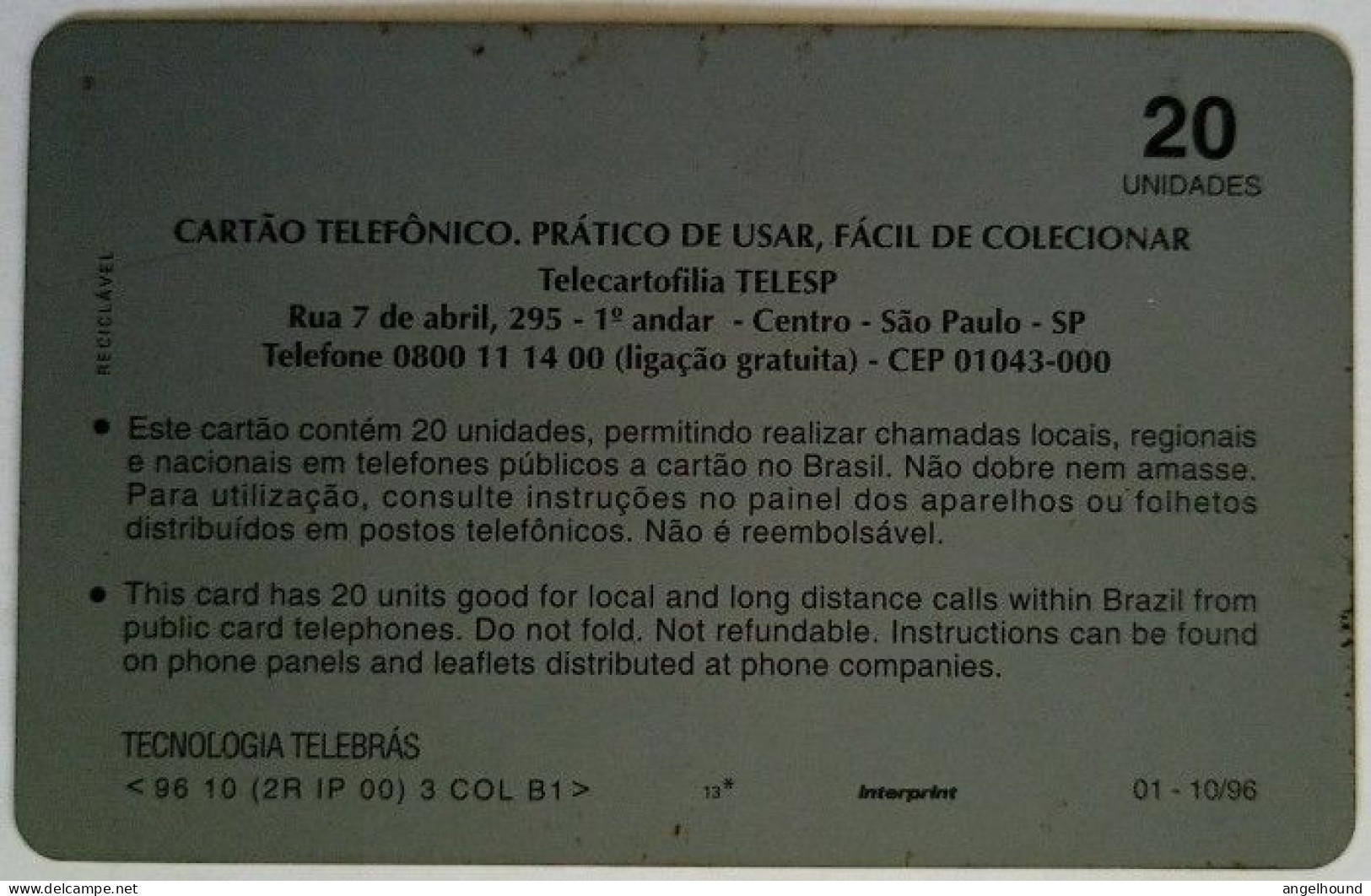 Brazil 20 Units - Telecartofilia Telesp - Brazilië