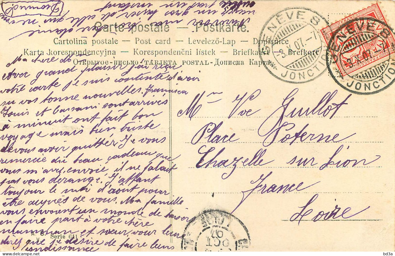 MARCOPHILIE SUISSE GENEVE JONCTION 1907 POUR LA FRANCE  - Postmark Collection