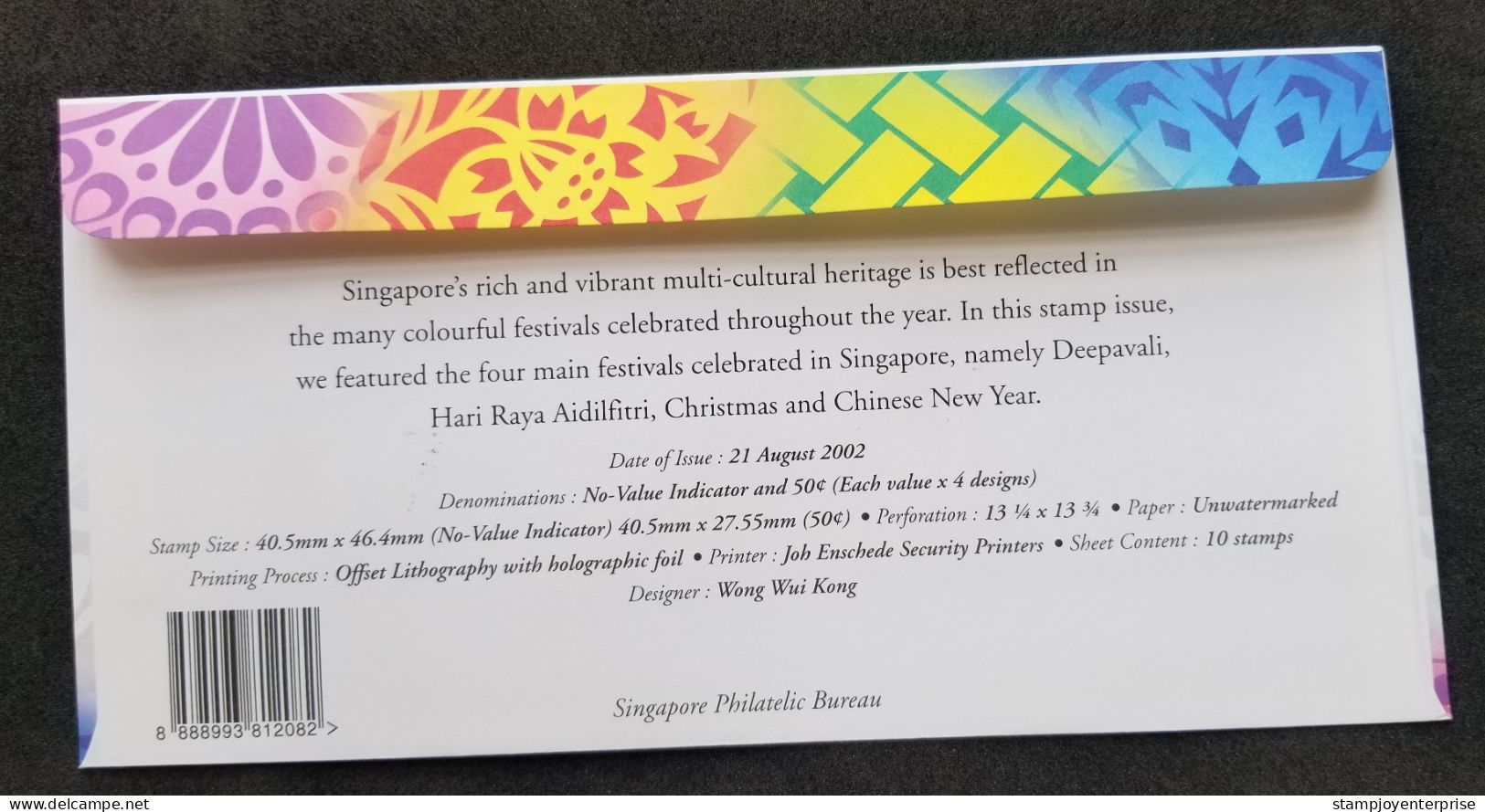 Singapore Festivals 2002 Diwali Christmas New Year Hari Raya Chinese New Year Festival (FDC) *Hologram *unusual - Singapur (1959-...)