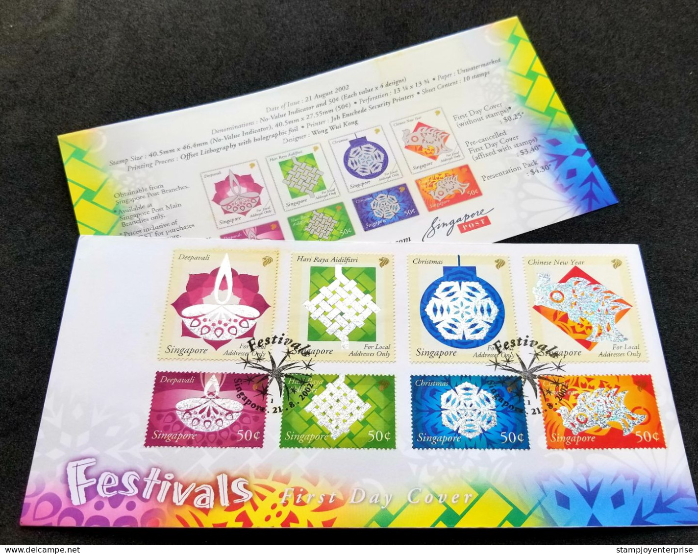 Singapore Festivals 2002 Diwali Christmas New Year Hari Raya Chinese New Year (FDC) *Hologram *unusual *see Scan - Singapour (1959-...)