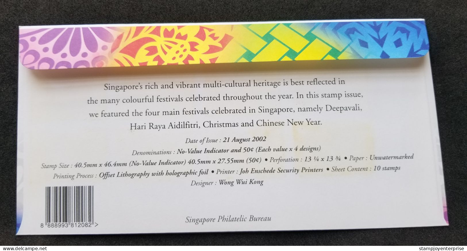 Singapore Festivals 2002 Diwali Christmas New Year Hari Raya Chinese New Year (FDC) *Hologram *unusual *see Scan - Singapore (1959-...)