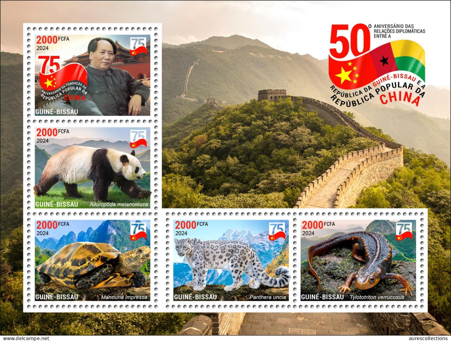 GUINEA BISSAU 2024 MS 5V - CHINA DIPLOMATIC RELATIONS - MAO ZEDONG TSE TUNG - TURTLES TURTLE SNOW LEOPARD NEWT PANDA MNH - Tortugas