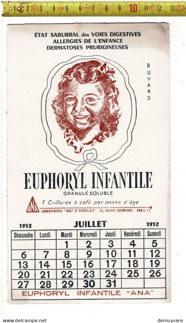 SOLDE 2013 - BUVARD - EUPHORYL INFANTILE - ÉTAT SABURRAL DES VOIES DIGESTIVES - 1952 - Produits Pharmaceutiques