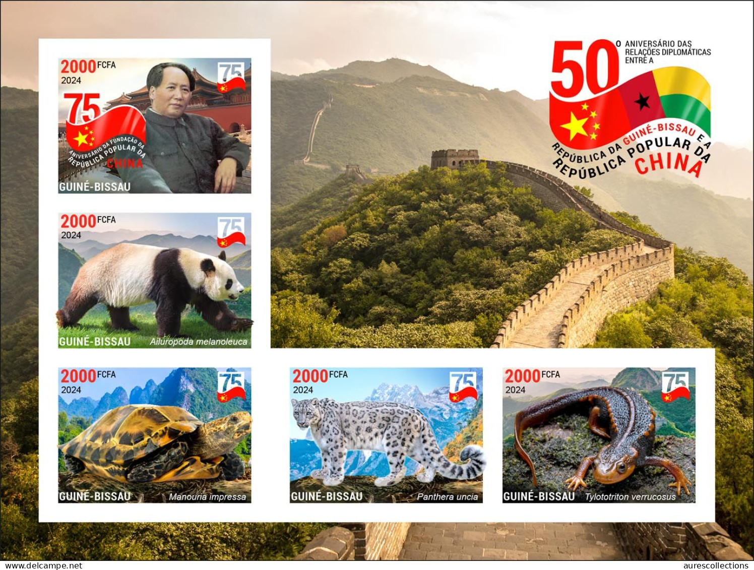 GUINEA BISSAU 2024 IMPERF MS 5V - CHINA DIPLOMATIC RELATIONS - MAO ZEDONG TSE TUNG - TURTLES SNOW LEOPARD NEWT PANDA MNH - Tortues